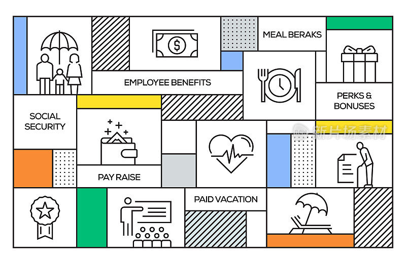 Employee Benefits Concept. Geometric Retro Style Banner and Poster Concept with Employee Benefits Line Icons